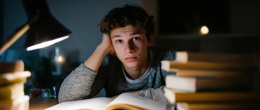 A pensive young student surrounded by books studying intently at night.