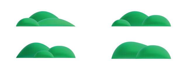 Set of 3D grass hills. Cute cartoon green mountains isolated on white background