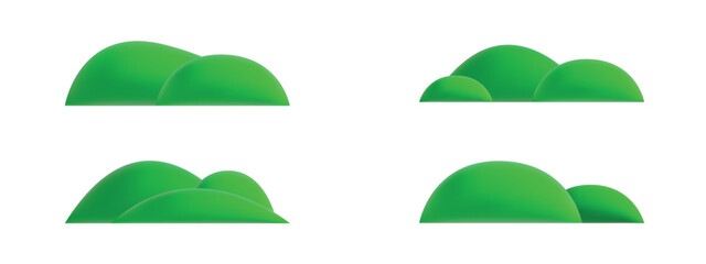Cartoon 3d green grass hills. Set of cute rendered landscape icons isolated on white background