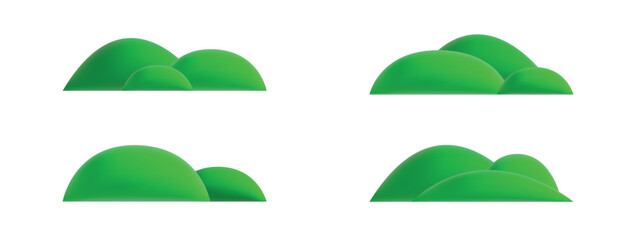Cartoon 3d green grass hills set. Rendered outdoor scenery icons isolated on white background
