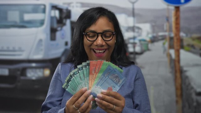 Woman holds a fan of colorful ringgit banknotes in both hands on street; financial success wealth prosperity.