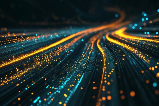 Dynamic flow of data points in an abstract digital roadmap for business process modernization and technology innovation in a futuristic setting