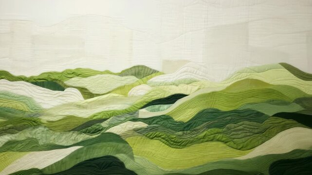 Aerial view of abstract quilted landscape in soft greens and whites, resembling rolling hills. Perfect for a calming video backdrop. Live desktop wallpaper.