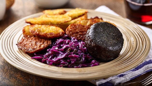 Boudin Noir Traditionnel Avec Chou Rouge Aux Pommes Rissolees