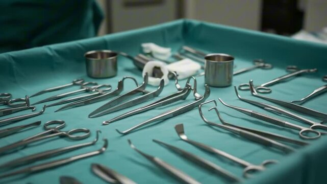An array of stainless steel surgical tools on a teal surgical drape with metal cups and gauze scattered amidst the instruments