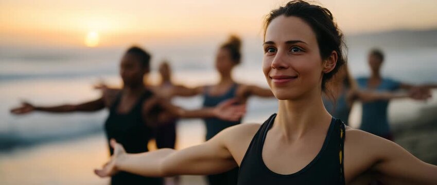 Women participate in a fitness session as the sun rises on the beach.