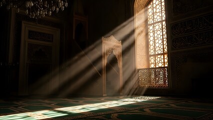 Stunning interior of a mosque featuring divine sunbeams streaming through ornate windows onto a green patterned carpet, highlighting intricate Islamic calligraphy and architecture.