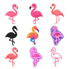 Naklejka premium Variety of flamingo designs: neon, minimalist, and vibrant styles