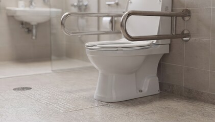 Medium shot featuring nonslip flooring and a raised toilet with grab bars the rest of the bathroom softly blurred to emphasize secure and safe design.