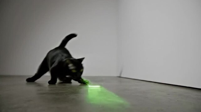 Black cat playing with a green laser pointer on the floor.