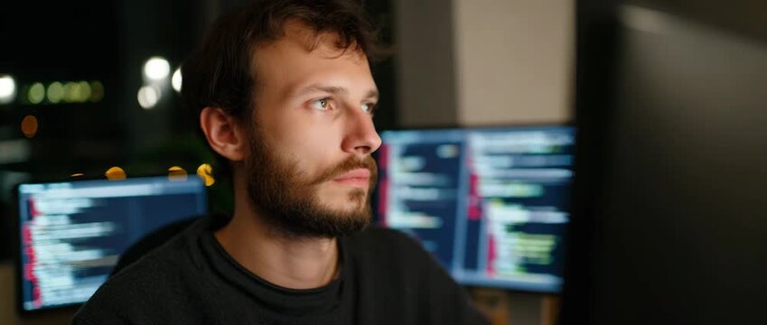 A developer immersed in coding at night, highlighting focus and dedication to work.