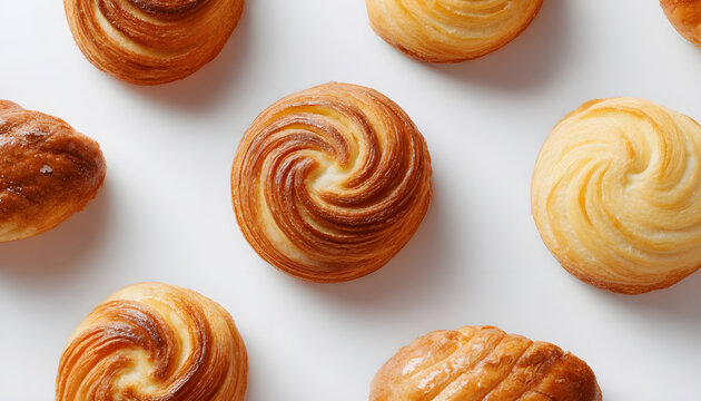 Delicious swirls of freshly baked pastries on a pristine white backdrop showcasing intricate design