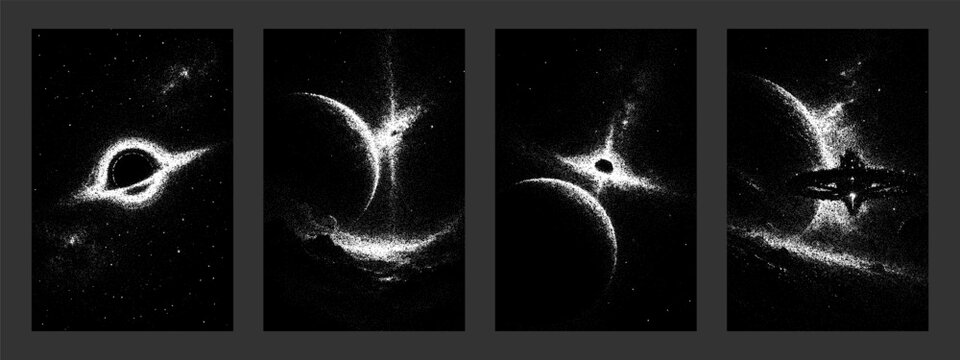 Stipple cosmic background with stars, black hole, and planet. Space vector dot texture for design element, wallpaper, banner.