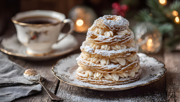 Kransekake, traditional Danish-Norwegian almond ring cake stacked into a festive pyramid, decorated with white icing and powdered sugar - erfect with a warm cup of coffee