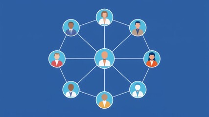 Dynamic illustration of a diverse professional network with interconnected team members, symbolizing collaboration, communication, and organizational unity in a modern flat design