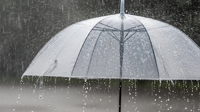 white umbrella in heavy rain raindrops falling.