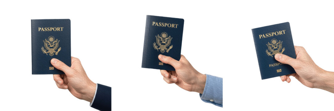 Set/Collection of passport hand holding, travel document and identification, international travel concept, vacation and journey essentials, immigration and border control, high-quality illustration is