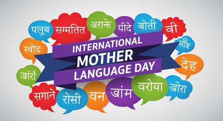 International mother language day colorful banner with speech bubbles in various languages on white background with multilingual and communication