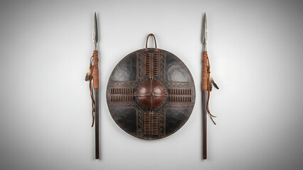Traditional African shield and spears with leather wrapping and feather details on a gray background warfare tribal weapon