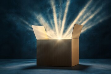 Open cardboard box emits light in dark room suggesting new ideas and creative solutions for problem solving