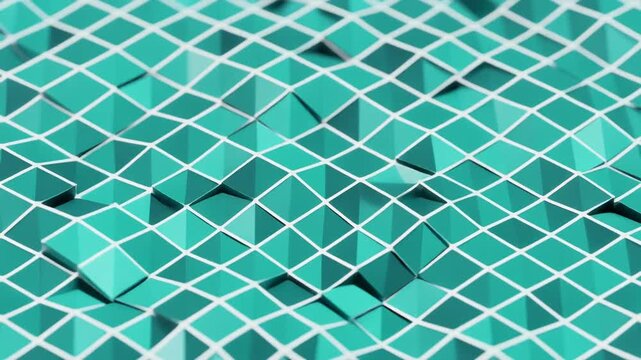 Abstract geometric background with low-polygon terrain and grid pattern in shades of teal and white