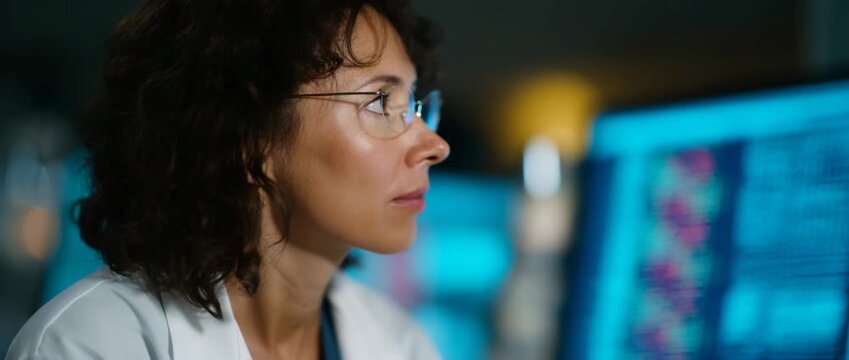 A woman in a lab coat deep in thought while studying screens.