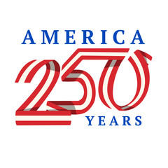Retro logo style illustration commemorating the 250th anniversary of the American revolution with words America 250 years in ribbon with red blue white stars flag on isolated background.