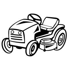 Cartoon style illustration of a ride-on lawn mower mowing viewed from side on isolated white background done in black and white.