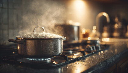 boiling water on a gas stove, vigorous bubbling and steam in a modest home kitchen. Ideal for cooking scenes, domestic life, safety, culinary b-roll.