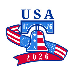 Retro logo style illustration showing the Liberty Bell, State House Bell or Old State House Bell, the symbol of American independence with words USA celebrates 250 1776-2026 on white background.