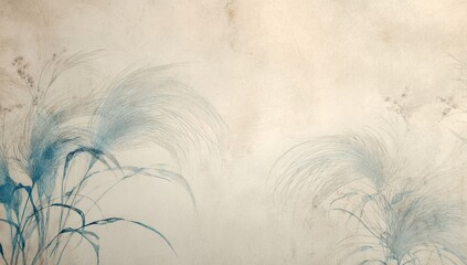 Watercolor painting depicting feathery grasses in shades of blue against a soft, aged paper background