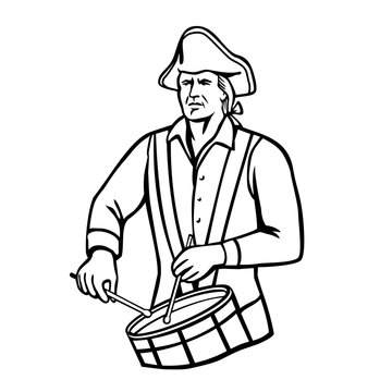Retro logo style illustration showing American patriot drummer marching with drum drumming viewed from front done in black and white on isolated white background.
