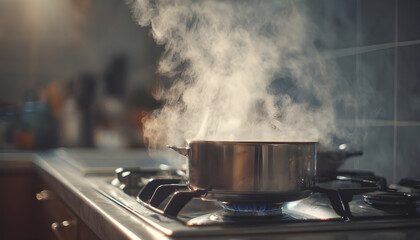 boiling water on a gas stove, vigorous bubbling and steam in a modest home kitchen. Ideal for cooking scenes, domestic life, safety, culinary b-roll.