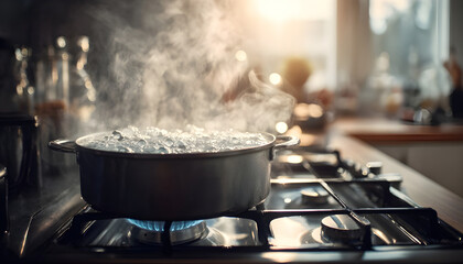 boiling water on a gas stove, vigorous bubbling and steam in a modest home kitchen. Ideal for cooking scenes, domestic life, safety, culinary b-roll.