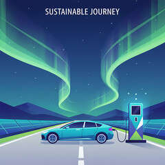 sustainable journey electric vehicle charging at solar station under aurora symbolizing clean transport and future mobility.