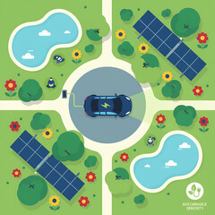 Naklejka premium sustainable energy community features electric car charging from solar panels showcasing green living and urban planning for eco-friendly infrastructure