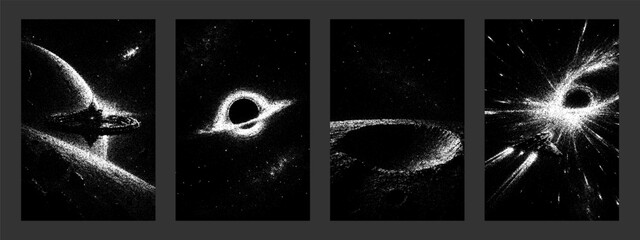Four vertical stipple backgrounds showing outer space concept. Celestial objects, black holes, and galaxies. Background for digital artwork. © hiten666