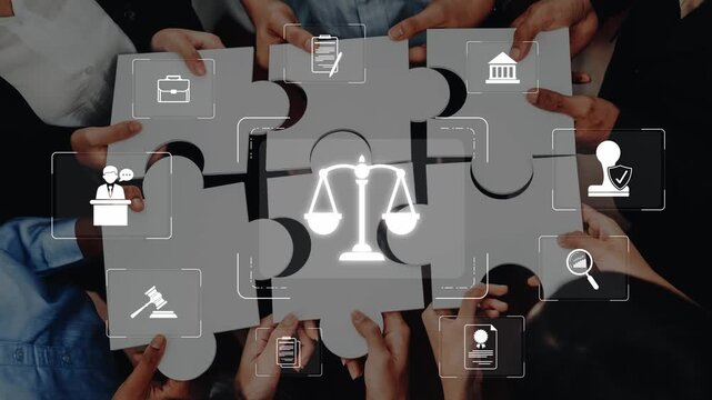 Hands coming together to hold puzzle pieces symbolize teamwork and collaboration in legal and justice settings, showcasing icons representing various legal concepts. Raster