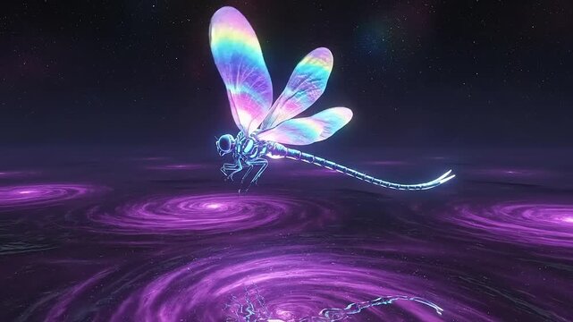 Dragonfly flying over a surreal purple galaxy with swirling cosmic patterns and vibrant light.