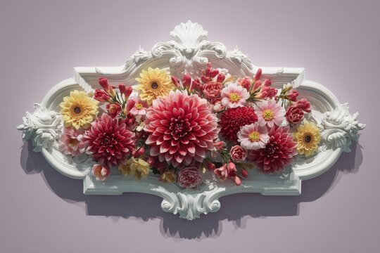 Ornate white molding filled with a vibrant mixed arrangement of colorful blooms