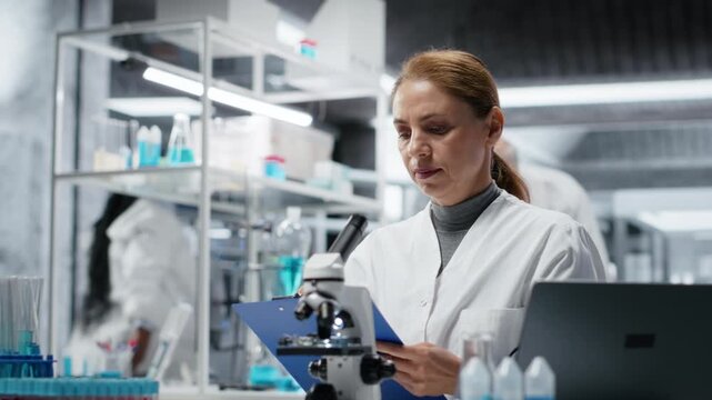 Hematology specialist in lab conducting research on blood sample, taking notes. Epidemiologist in laboratory analyzing sanguine fluid specimen in vial, writing down findings, camera B