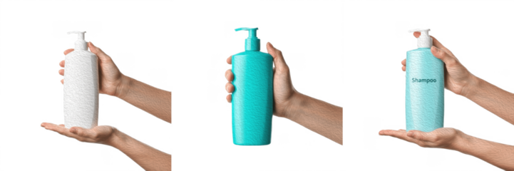 Set/Collection of shampoo bottle hand holding, liquid hair care product, personal hygiene, hair wellness, organic and cosmetic shampoo, bathroom essential, hair treatment and styling, high-quality ill