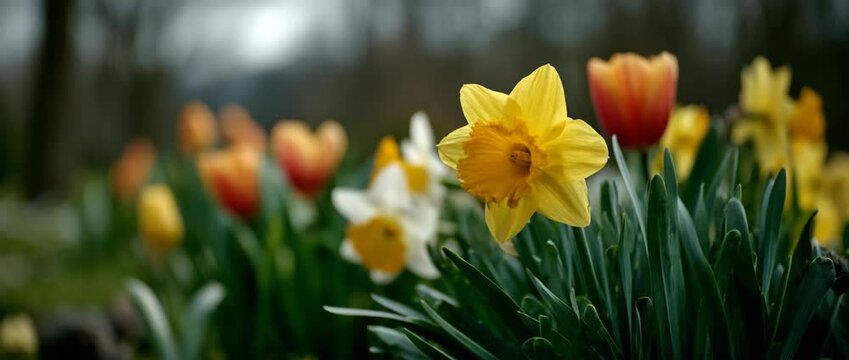 A beautiful cluster of daffodils blooms in a vibrant garden.