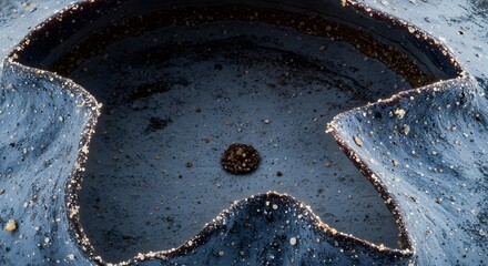 Topdown closeup of a blueberrys calyx with a dark center and speckled surface