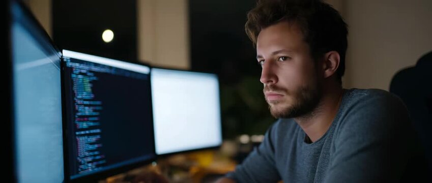 A concentrated programmer researches into the technical code at night.