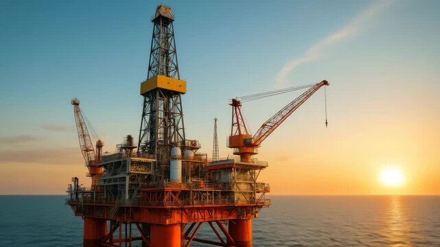 Aerial video shot of an offshore oil rig at sunset, highlighting industrial structures against a serene ocean backdrop, capturing a blend of industry and nature. Live desktop wallpaper.