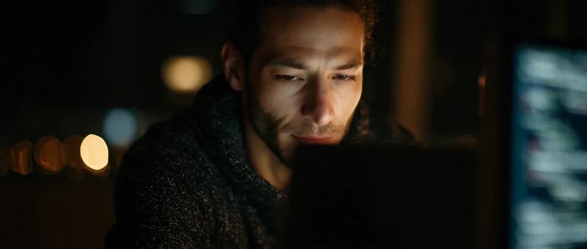 A man concentrates intently on his laptop late at night.