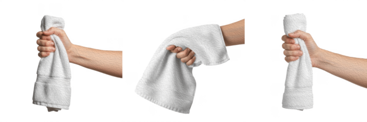 Set/Collection of soft bath towel hand holding, fluffy cotton towel, bathroom linen, spa and wellness accessory, clean and cozy home textile, hygiene and comfort, high-quality illustration isolated on