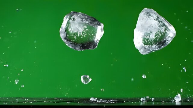 Ice Cubes Falling into Water on Green Background.