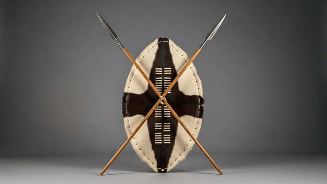 Traditional Zulu shield with spears on grey background africa animal hide black and white wooden metal weapon defense culture
